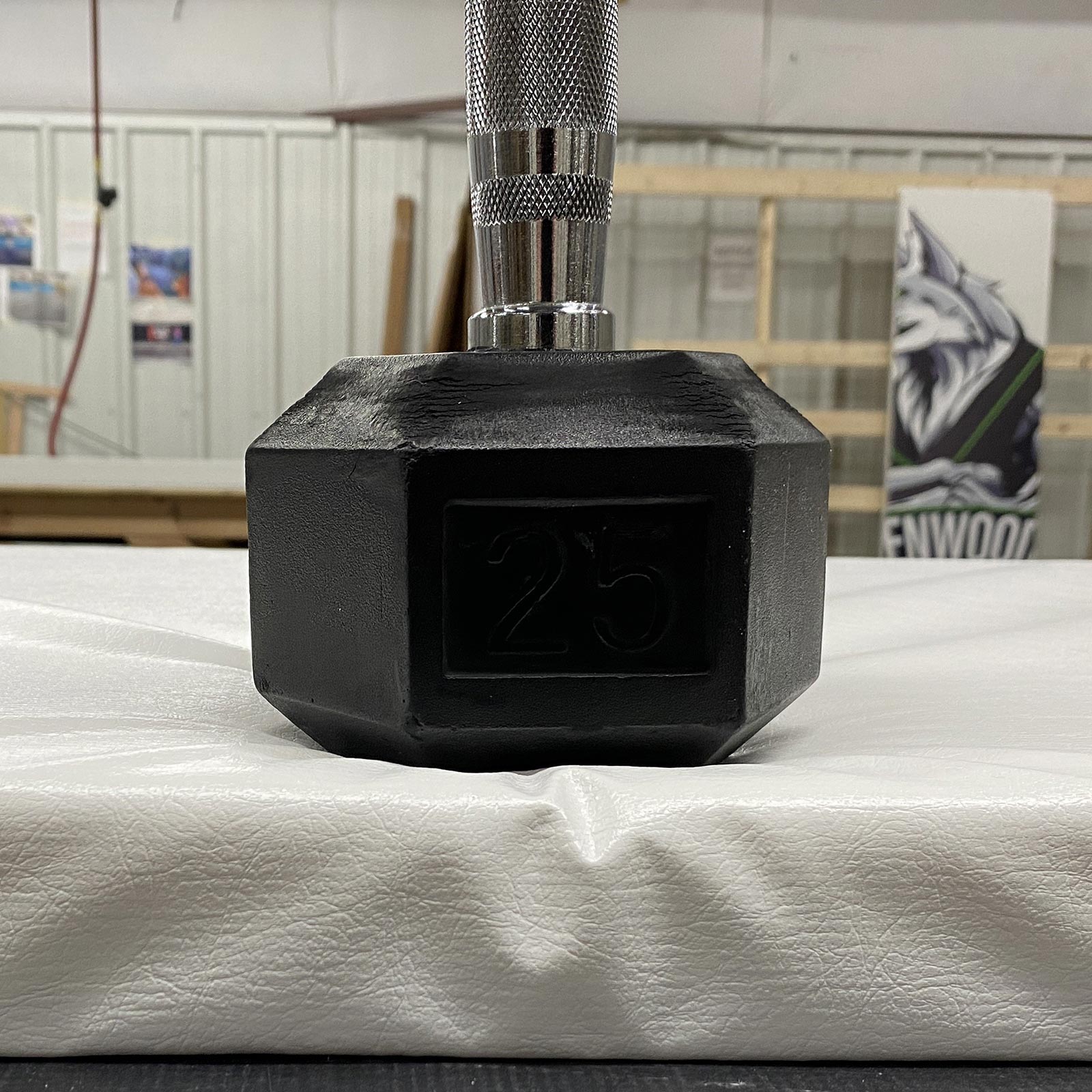 competitor wall pad with dumbell on it