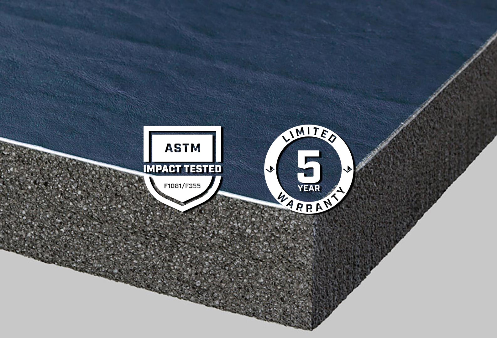 Mat edge with ASTM and 5-Year Warranty logos overlay